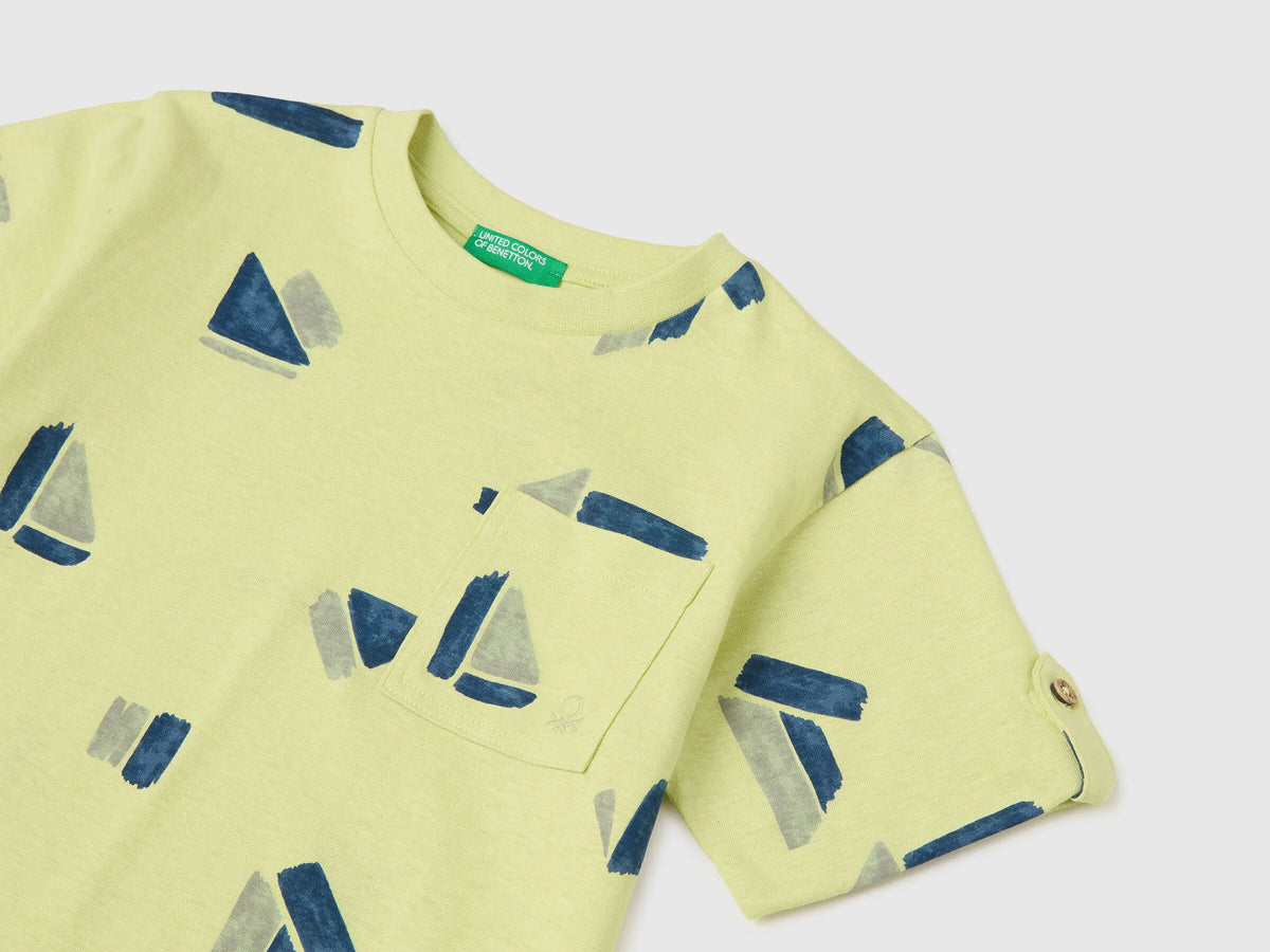 Benetton Lime Boys Printed Linen Blend T-Shirt SKU: 39TPG10MT_67T Image 03