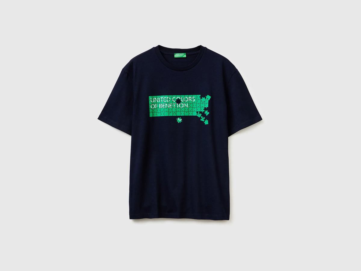 Benetton Dark Blue Men Cotton T-Shirt with Logo SKU: 39VFU1096_902 Image 01