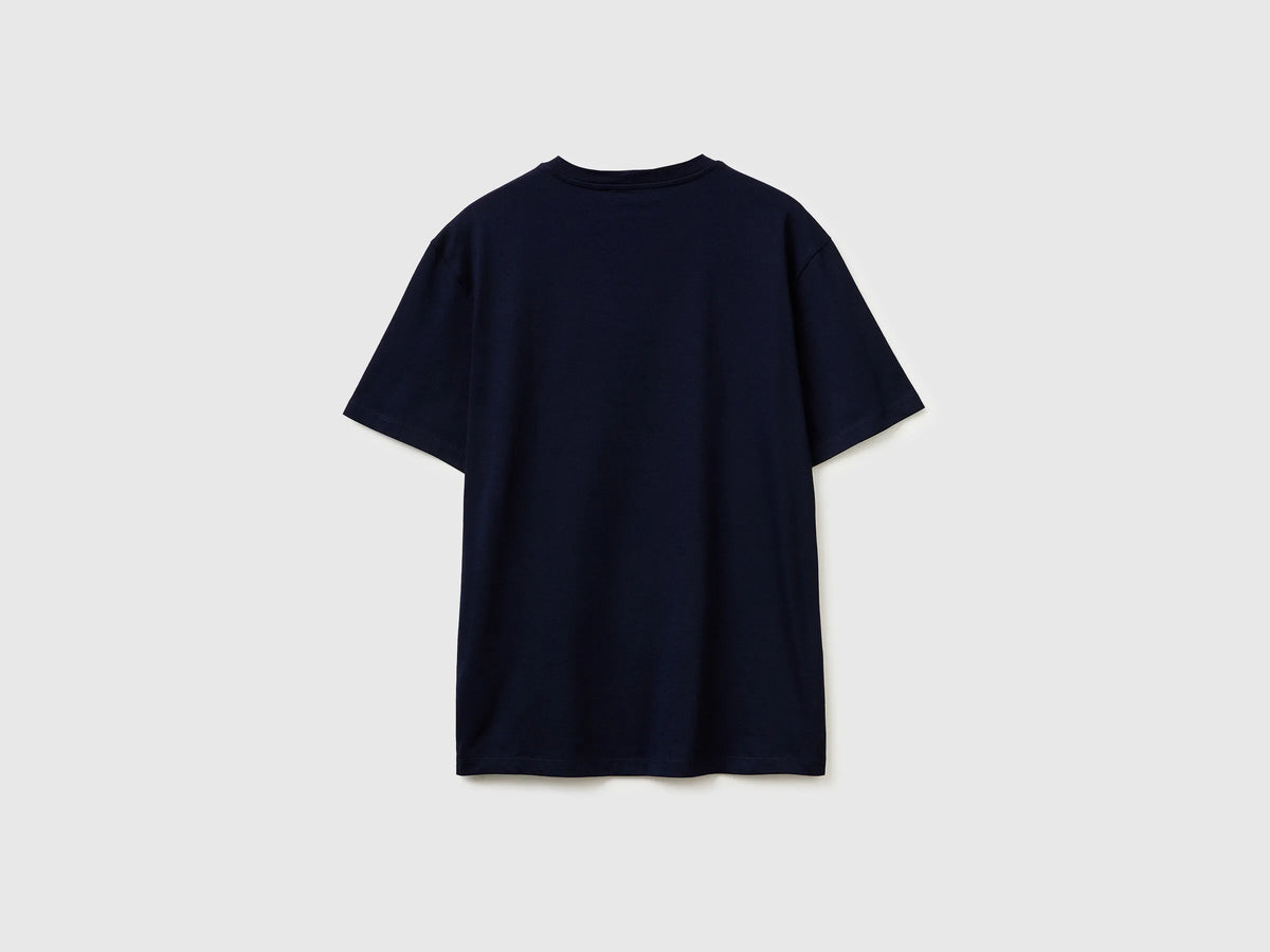 Benetton Dark Blue Men Cotton T-Shirt with Logo SKU: 39VFU1096_902 Image 02