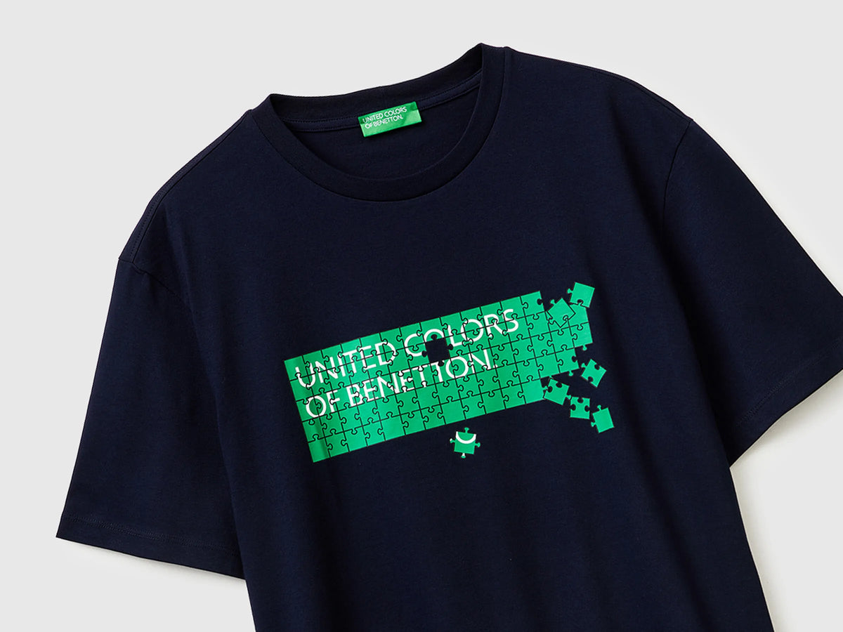 Benetton Dark Blue Men Cotton T-Shirt with Logo SKU: 39VFU1096_902 Image 03
