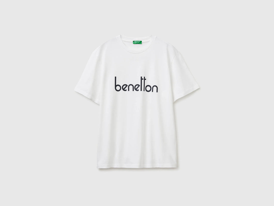 Benetton White Men Cotton T-Shirt with Logo SKU: 39VFU1096_906 Image 01