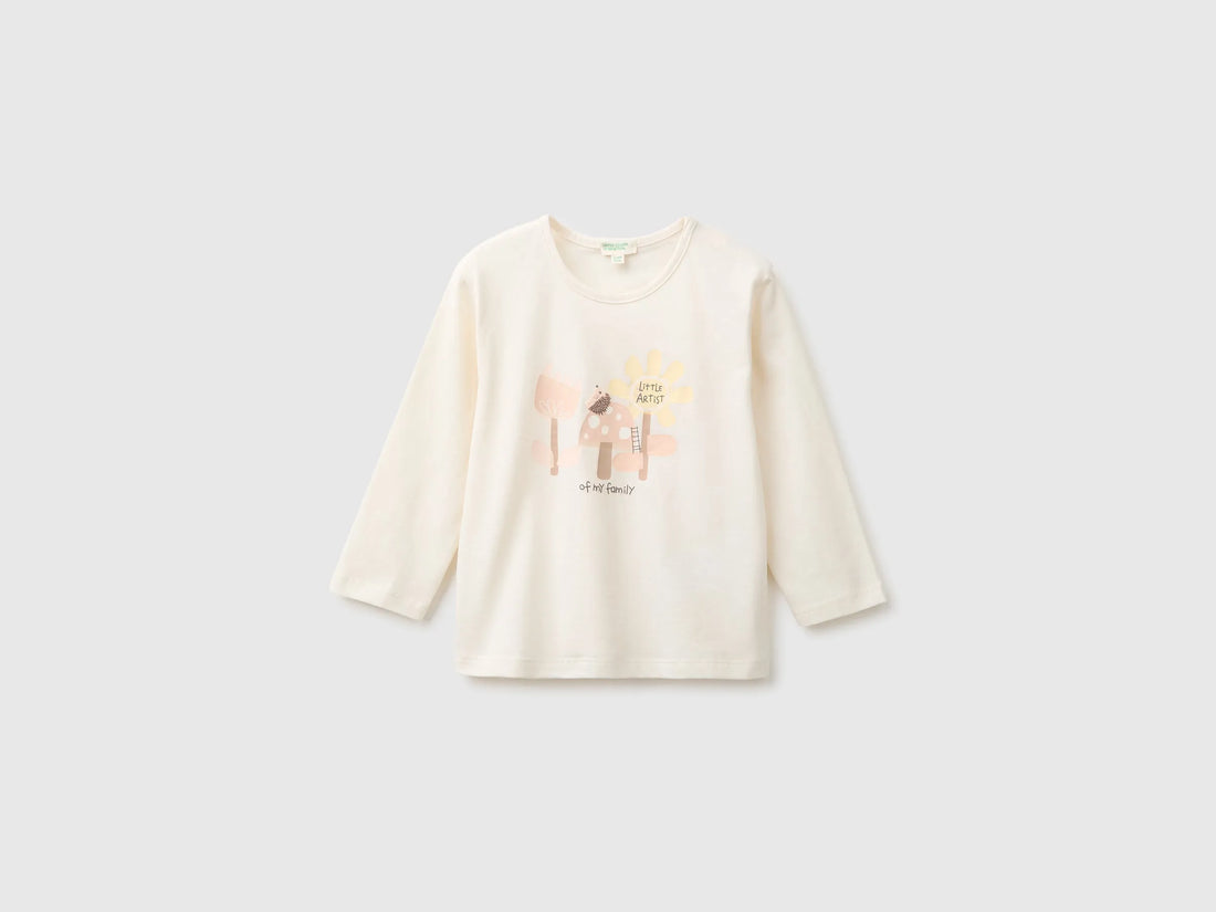 Benetton Creamy White Girl Organic Cotton Printed T-Shirt SKU: 3ATNA107H_901 Image 01