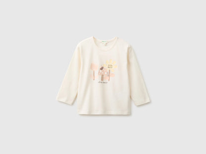 Benetton Creamy White Girl Organic Cotton Printed T-Shirt SKU: 3ATNA107H_901 Image 01