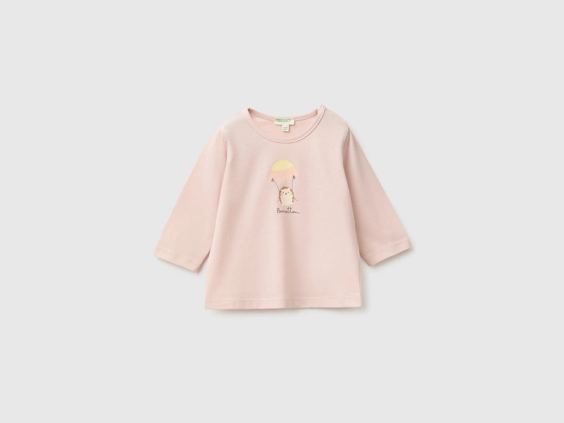 Benetton Soft Pink Girl Organic Cotton Printed T-Shirt SKU: 3ATNA107I_08Q Image 01