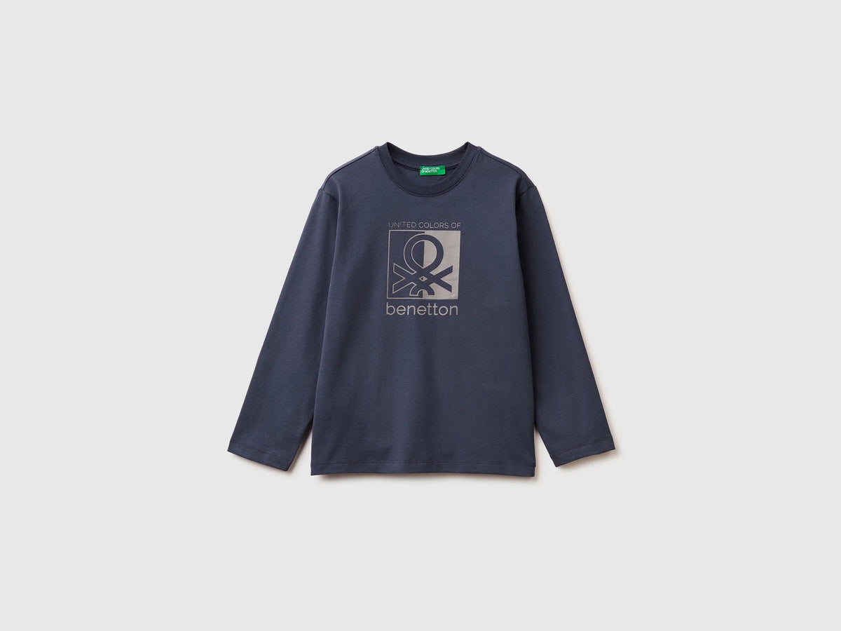 Benetton_Air Force Blue_Warm T-Shirt with Logo Print_3ATNC10QU_0J8_01