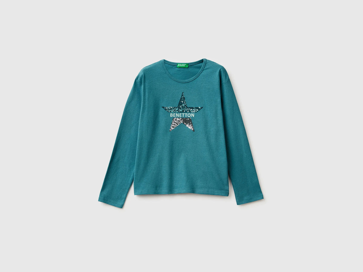 Benetton_Turquoise_T-Shirt in Warm Cotton with Sequins_3ATNC10RG_2H6_01