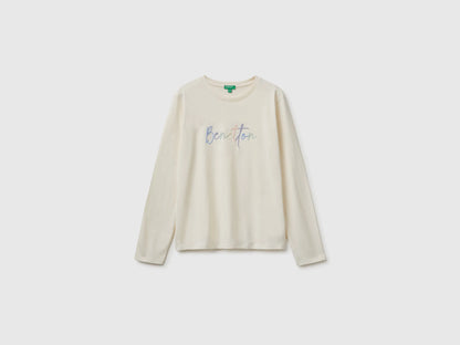 Benetton Creamy White Girls Long-Sleeved T-Shirt with Embroidery SKU: 3ATNC10U8_0R2 Image 01