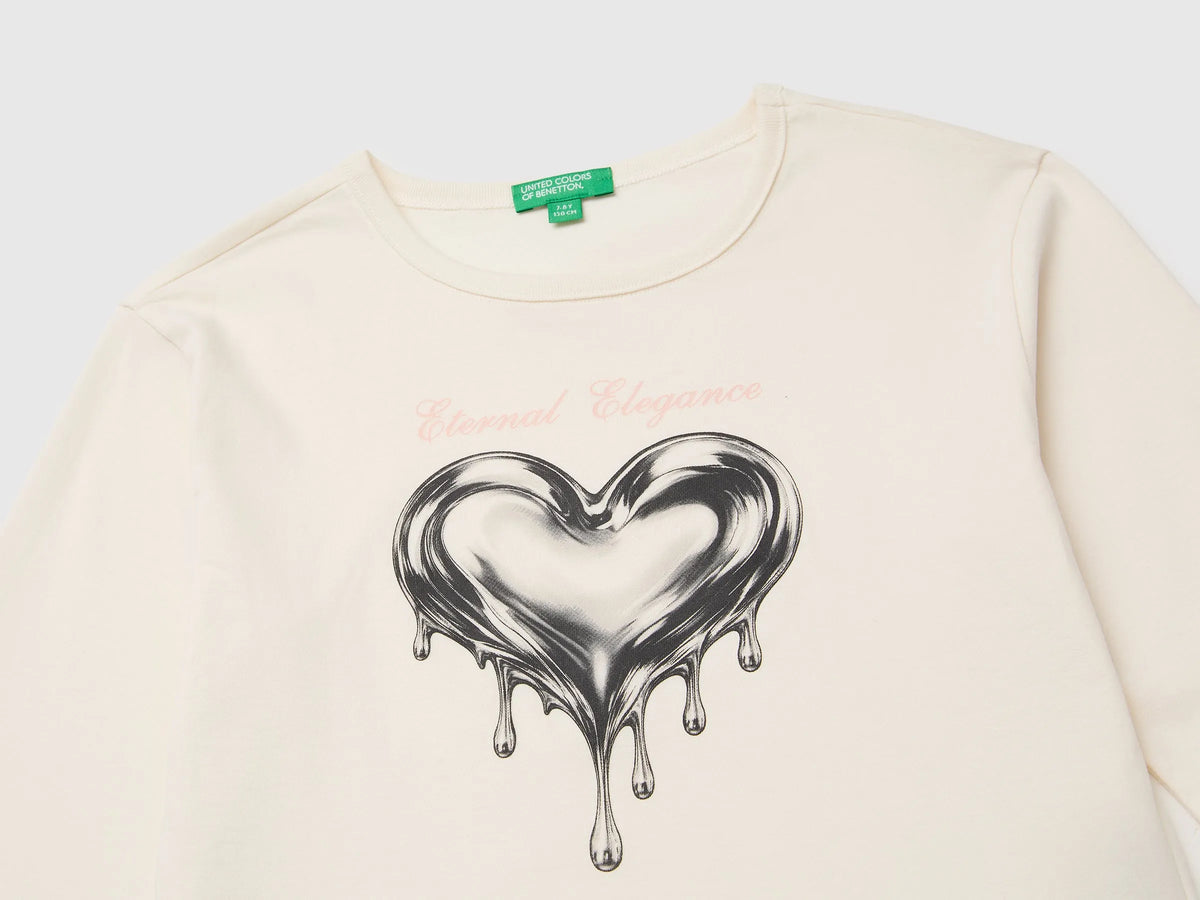Benetton Creamy White Girls 100% Organic Cotton T-Shirt with Print SKU: 3ATNC10UA_0R2 Image 03