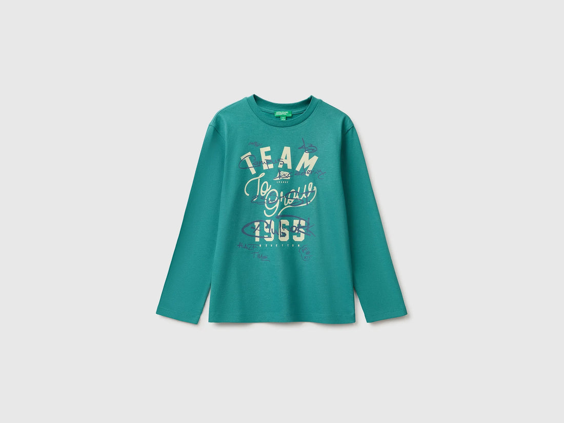 Benetton Dark Green Boys 100% Organic Cotton Printed T-Shirt SKU: 3ATNC10UF_285 Image 01