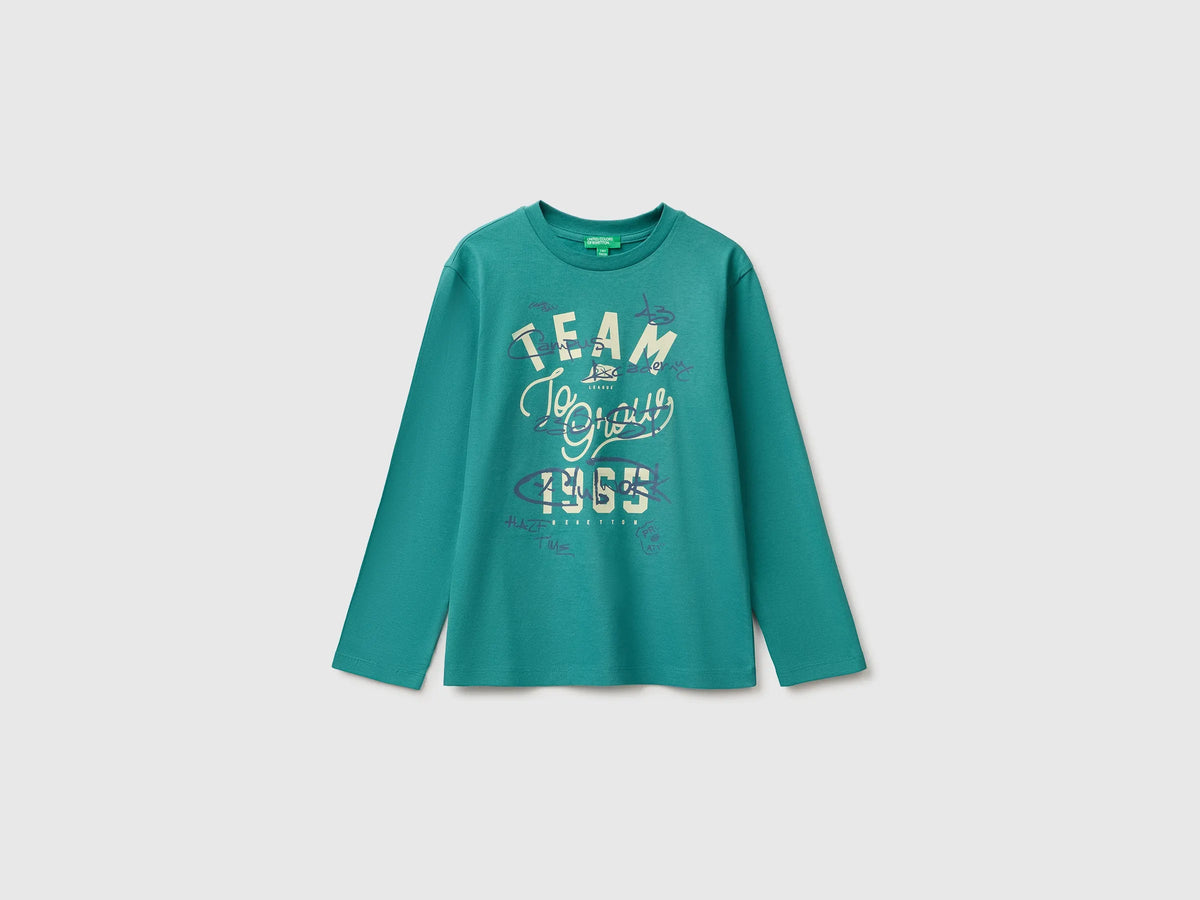 Benetton Dark Green Boys 100% Organic Cotton Printed T-Shirt SKU: 3ATNC10UF_285 Image 01