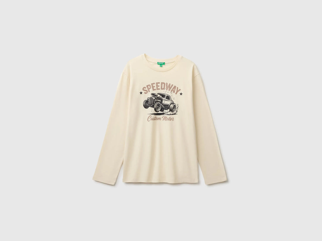 Benetton Creamy White Boys 100% Organic Cotton Printed T-Shirt SKU: 3ATNC10UF_3C9 Image 01