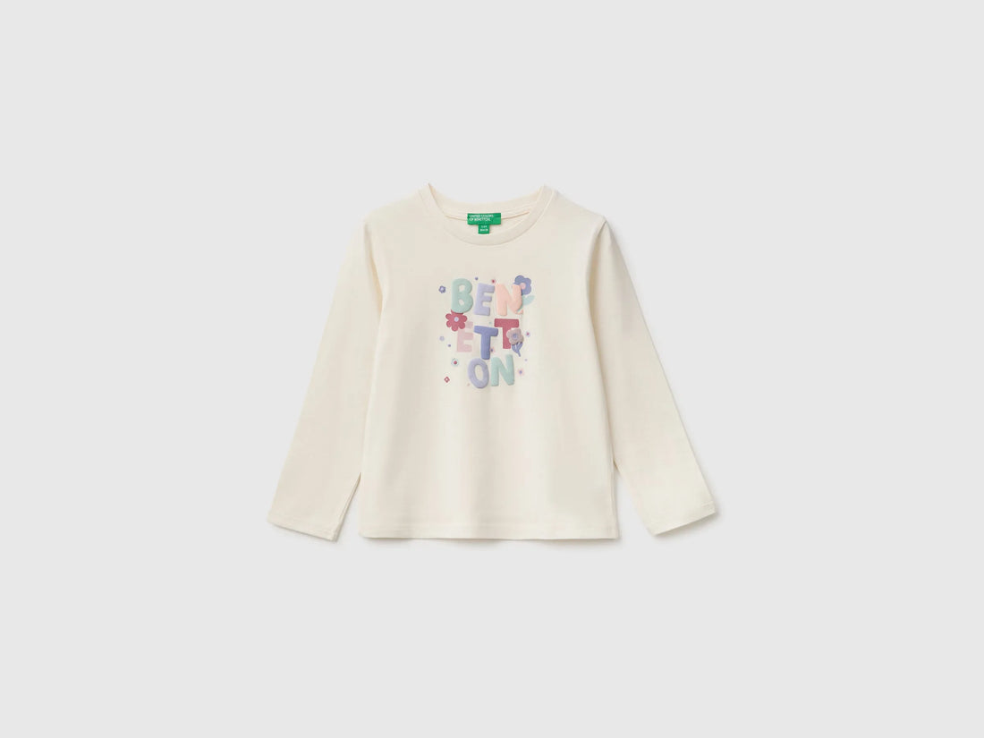 Benetton Creamy White Girls T-Shirt with Puffy Print SKU: 3ATNG10NI_0R2 Image 01