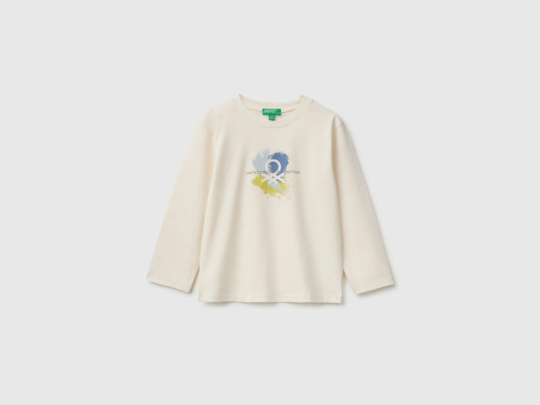 Benetton Creamy White Boys Long-Sleeved T-Shirt with Print SKU: 3ATNG10NK_0R2 Image 01