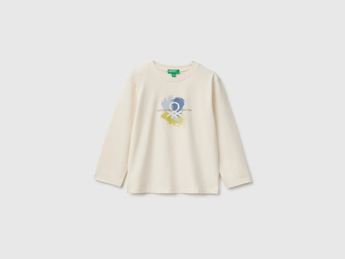 Benetton Creamy White Boys Long-Sleeved T-Shirt with Print SKU: 3ATNG10NK_0R2 Image 01