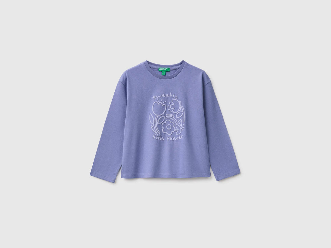 Benetton Violet Girls 100% Organic Cotton T-Shirt with Print SKU: 3ATNG10NN_19J Image 01