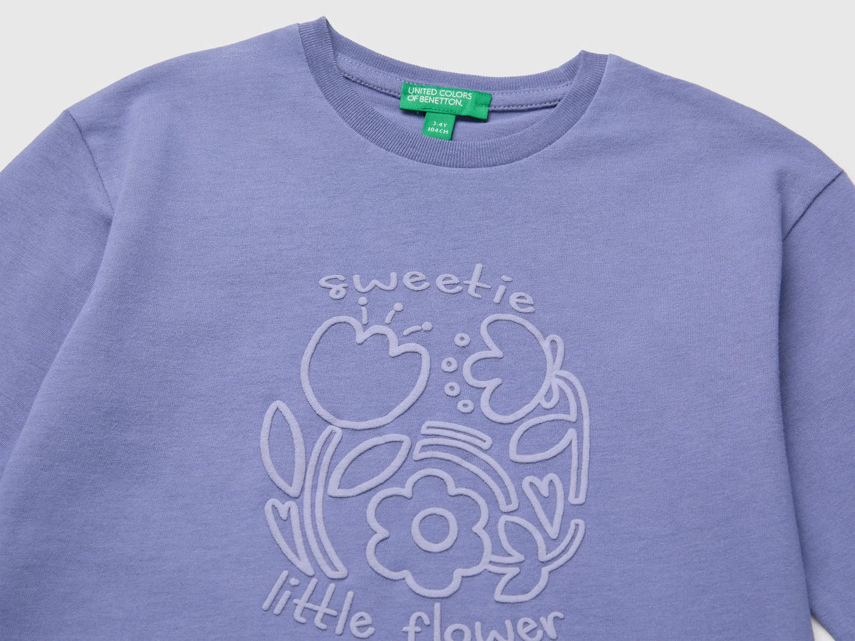 Benetton Violet Girls 100% Organic Cotton T-Shirt with Print SKU: 3ATNG10NN_19J Image 03