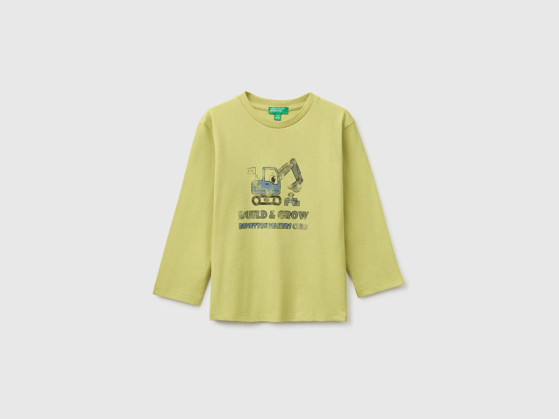 Benetton Lime Boys 100% Organic Cotton T-Shirt with Print SKU: 3ATNG10NP_168 Image 01