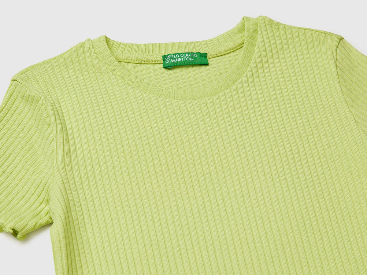 Benetton Lime Girls Slim Fit Ribbed T-Shirt SKU: 3F1EC10N4_0M4 Image 03