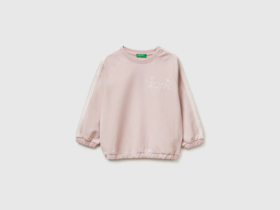 Benetton Pink Girls Sweatshirt with Lace and Embroidery SKU: 3F9VG10M2_0C3 Image 01