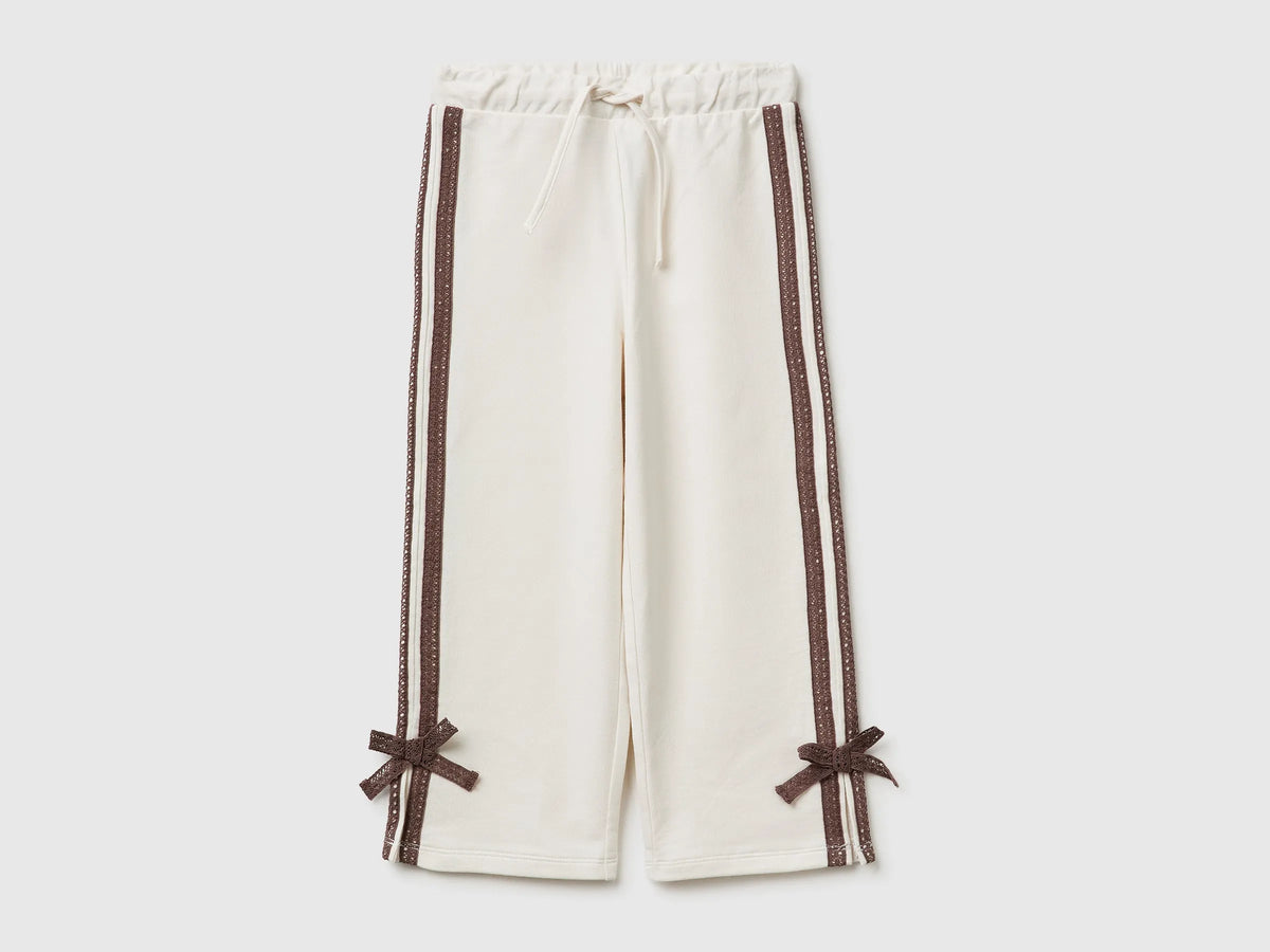 Benetton Creamy White Girls Pants with Lace and Bows SKU: 3F9VGF05C_00E Image 01