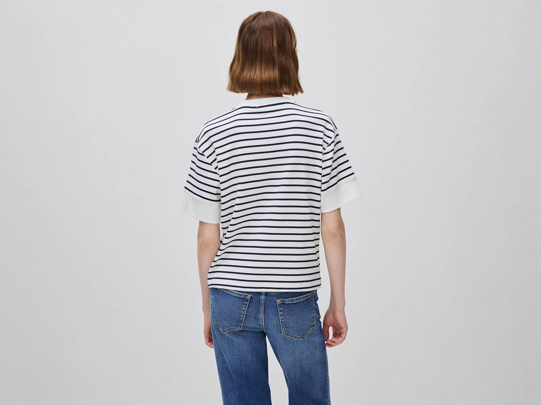 Benetton Dark Blue Women Striped Short-Sleeved T-Shirt SKU: 3FLCD10CG_901 Image 02