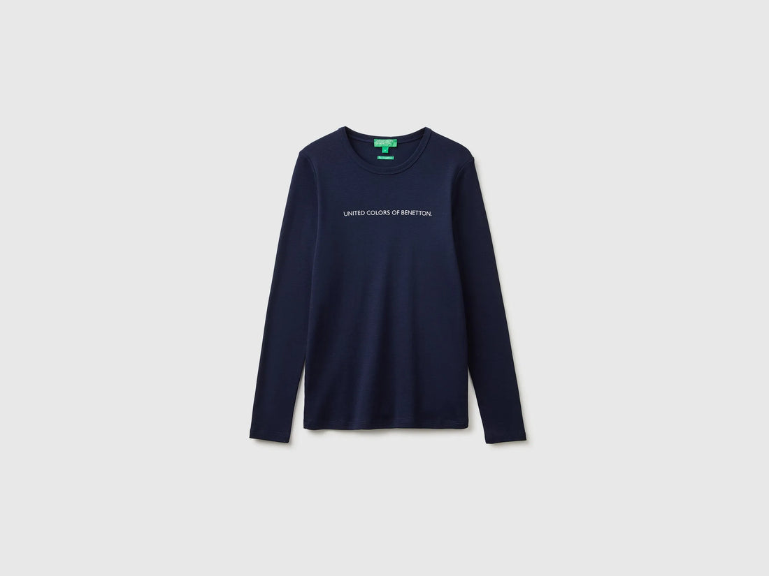 Benetton Dark Blue Women Long Sleeve T-Shirt with Glitter Logo SKU: 3GA8E16G0_016 Image 01