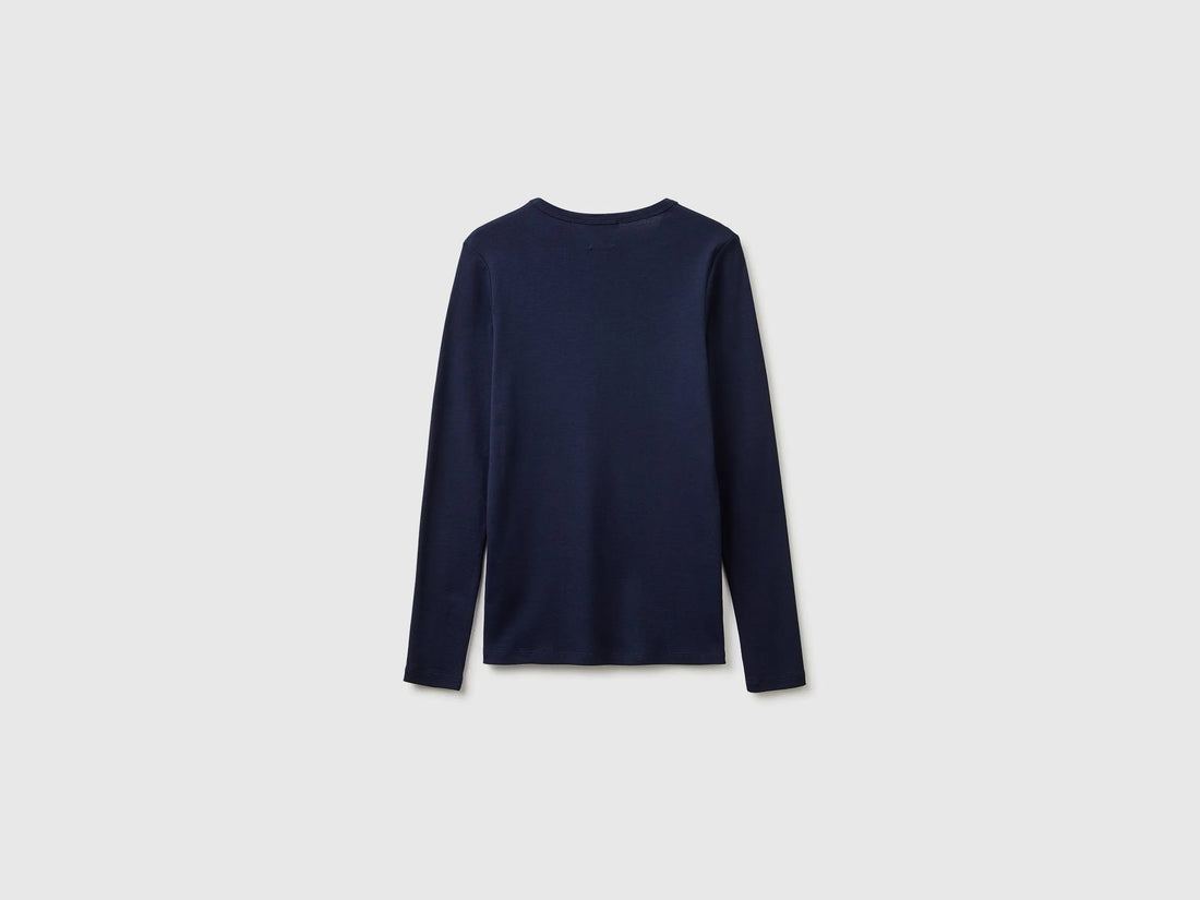 Benetton Dark Blue Women Long Sleeve T-Shirt with Glitter Logo SKU: 3GA8E16G0_016 Image 02