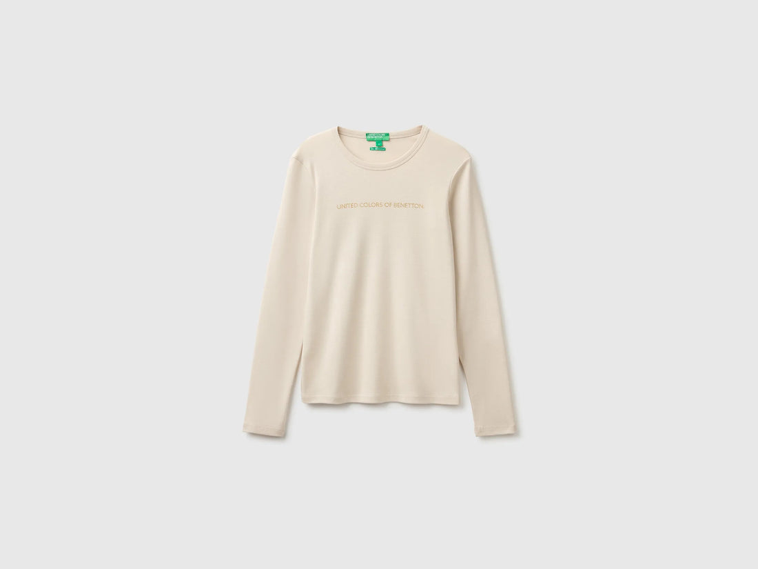 Benetton Beige Women Long Sleeve T-Shirt with Glitter Logo SKU: 3GA8E16G0_152 Image 01