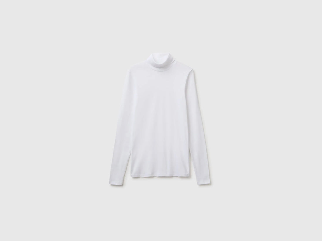 Benetton White Women Long-Staple Cotton Turtleneck T-Shirt SKU: 3GA8E2224_101 Image 01
