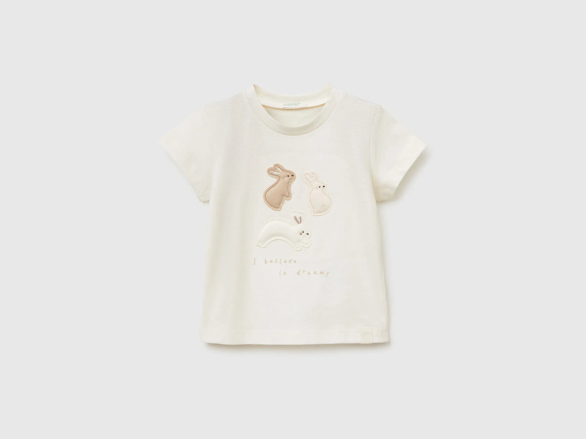 Benetton Creamy White Newborn T-Shirt with Organic Cotton Application SKU: 3I1XA106X_0R2 Image 01