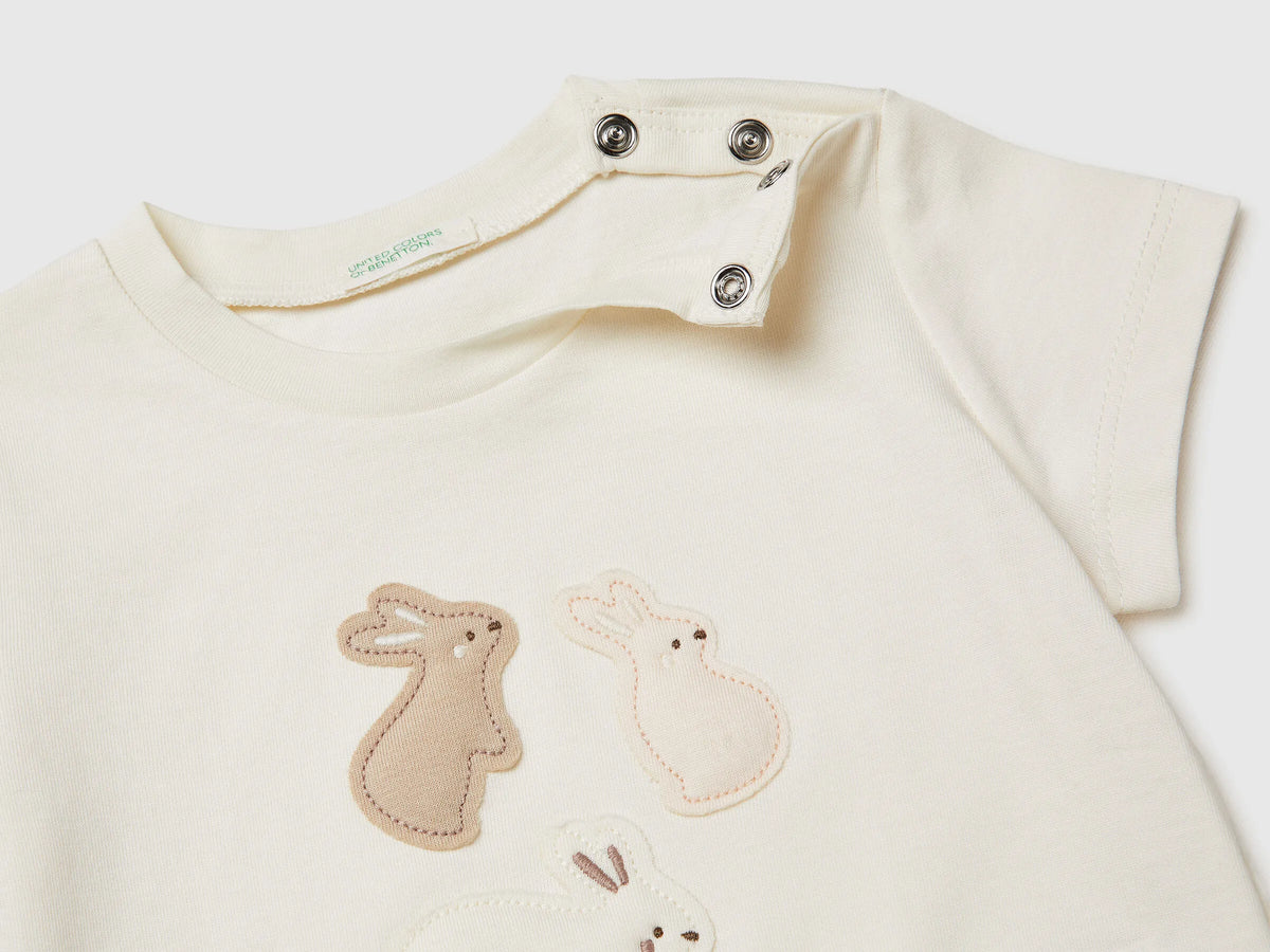 Benetton Creamy White Newborn T-Shirt with Organic Cotton Application SKU: 3I1XA106X_0R2 Image 03