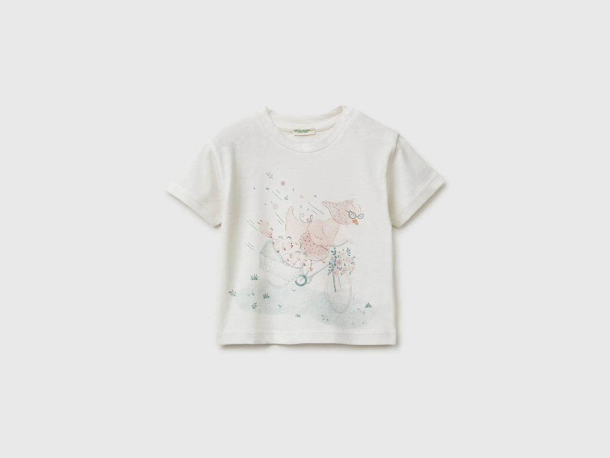 Benetton Creamy White Girls Animal Print T-Shirt SKU: 3I1XA1077_074 Image 01