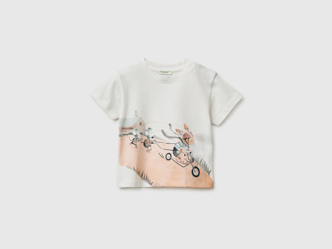 Benetton Creamy White Boys Animal Print T-Shirt SKU: 3I1XA1077_901 Image 01