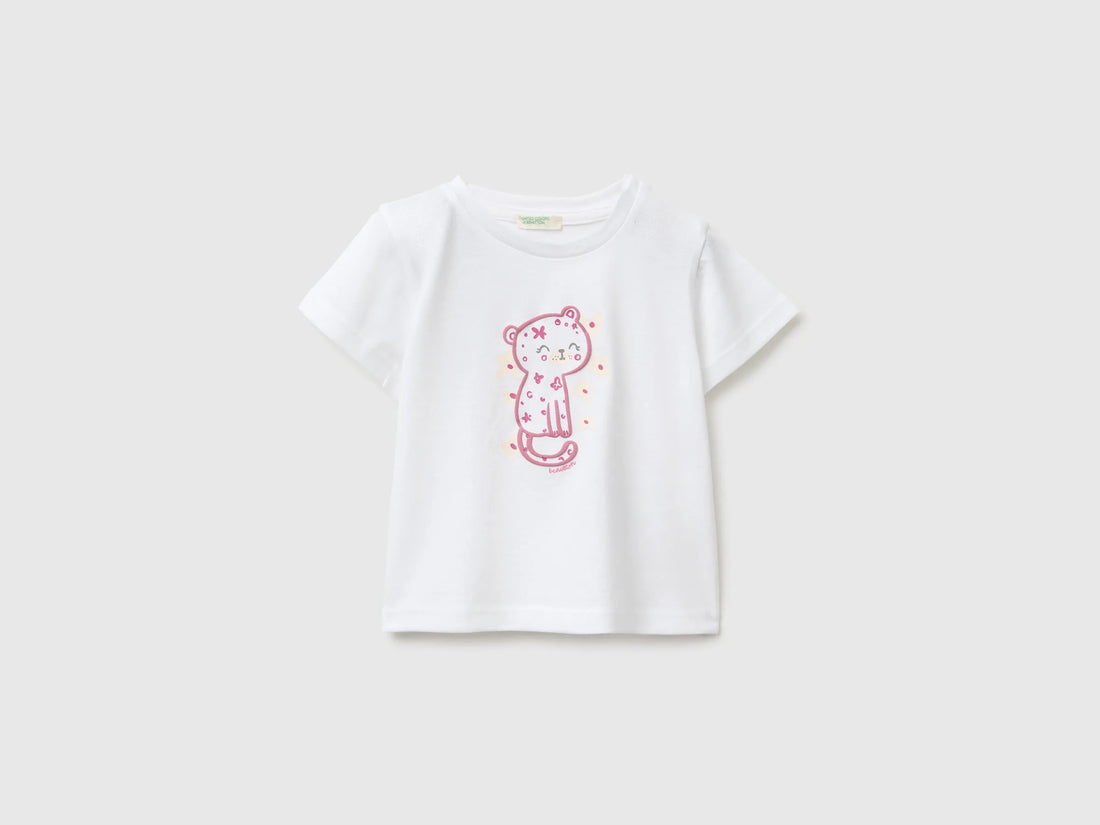 Benetton White Baby Girl Animal Print T-Shirt SKU: 3I1XA1078_901 Image 01