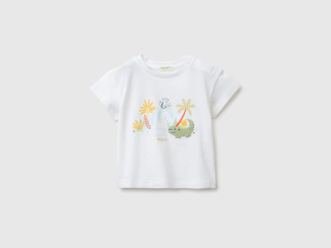 Benetton White Baby T-Shirt with Print and Embroidery SKU: 3I1XA1079_101 Image 01