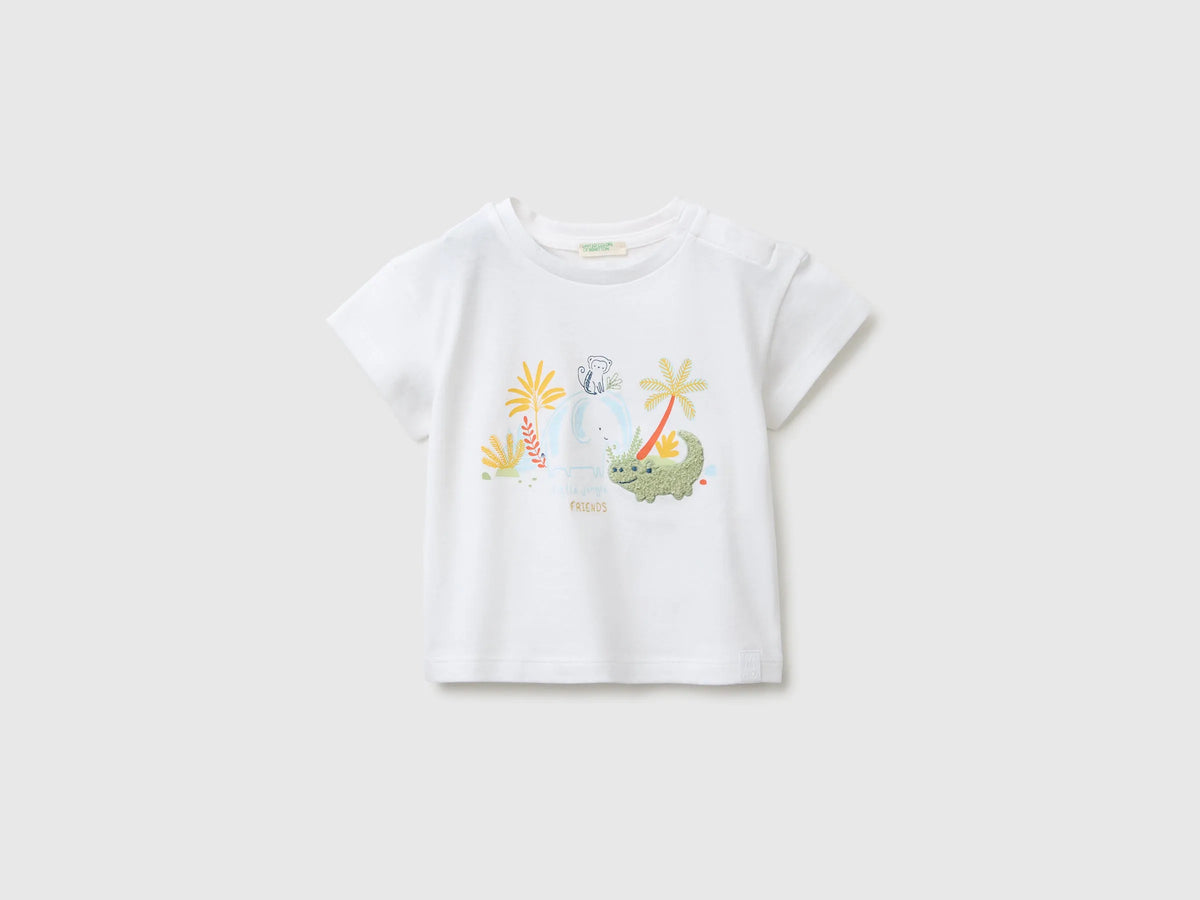 Benetton White Baby T-Shirt with Print and Embroidery SKU: 3I1XA1079_101 Image 01