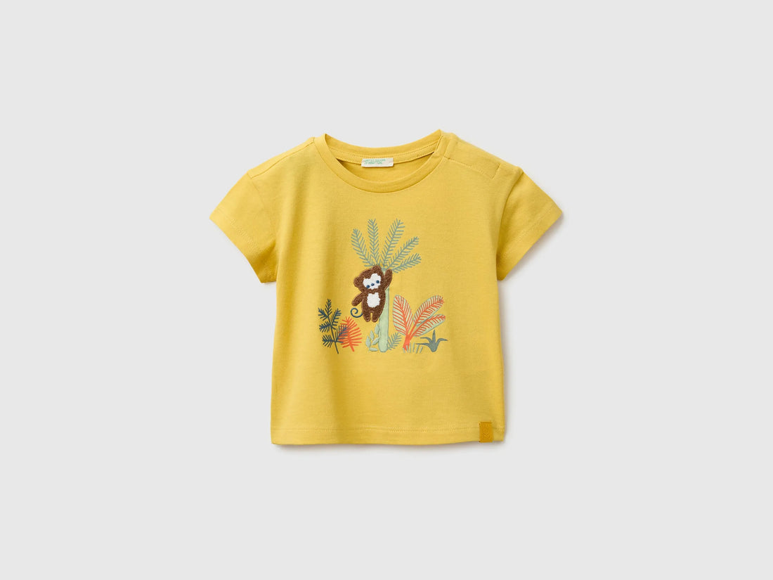 Benetton Yellow Baby T-Shirt with Print and Embroidery SKU: 3I1XA1079_22R Image 01