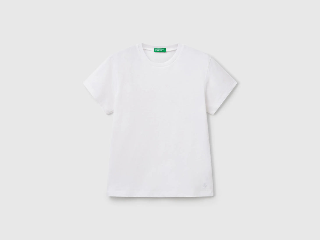 Benetton White Girls Pure Cotton T-Shirt SKU: 3I1XC109V_101 Image 01