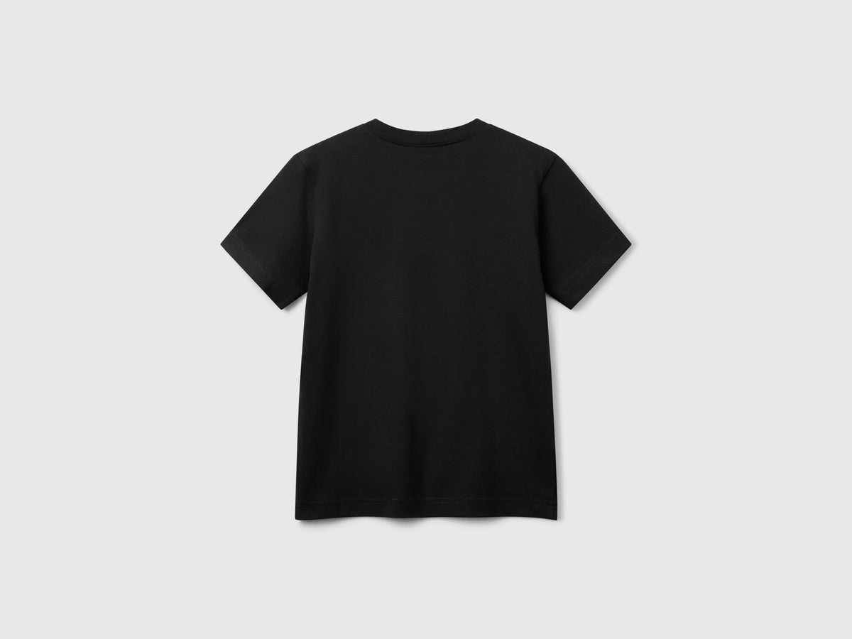 Benetton Black Boys Short Sleeve T-Shirt Cotton SKU: 3I1XC109W_100 Image 02