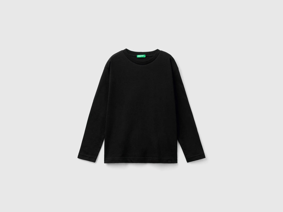 Benetton Black Boys Cotton Crew Neck T-Shirt SKU: 3I1XC10DB_100 Image 01