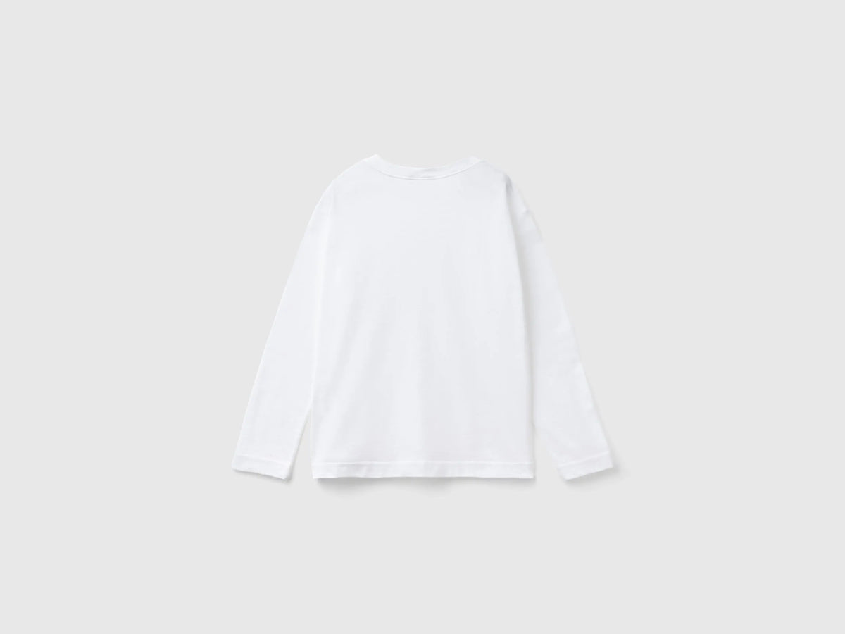 Benetton White Boys Cotton Crew Neck T-Shirt SKU: 3I1XC10DB_101 Image 02