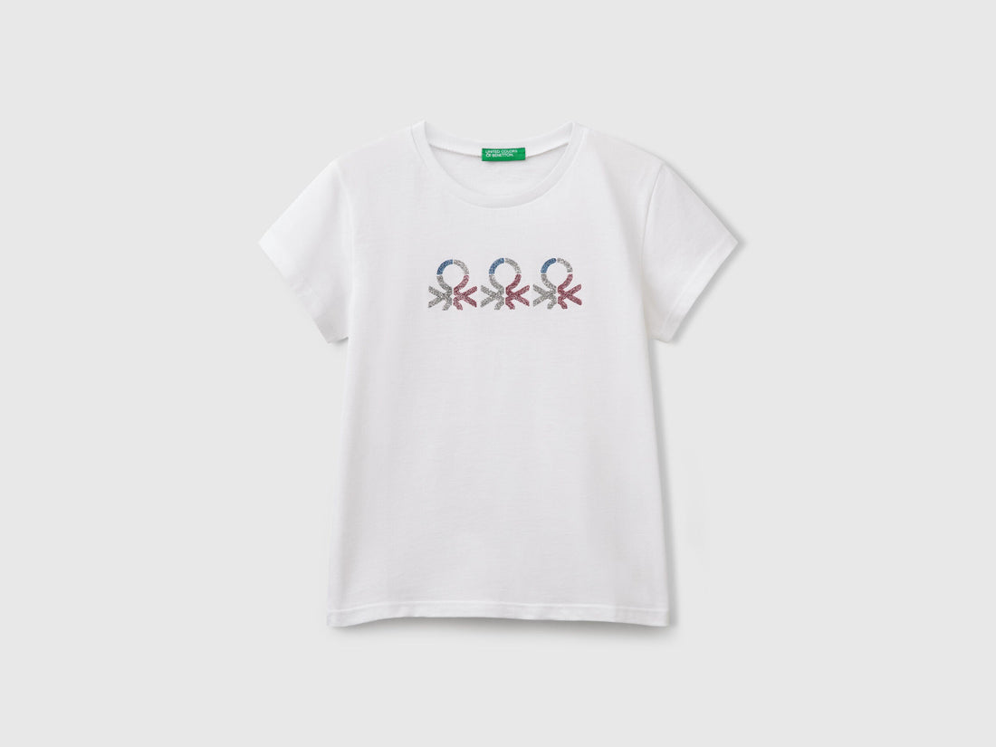 Benetton_T-Shirt with Glittery Logo in Cotton_3I1XC10MZ_101_01