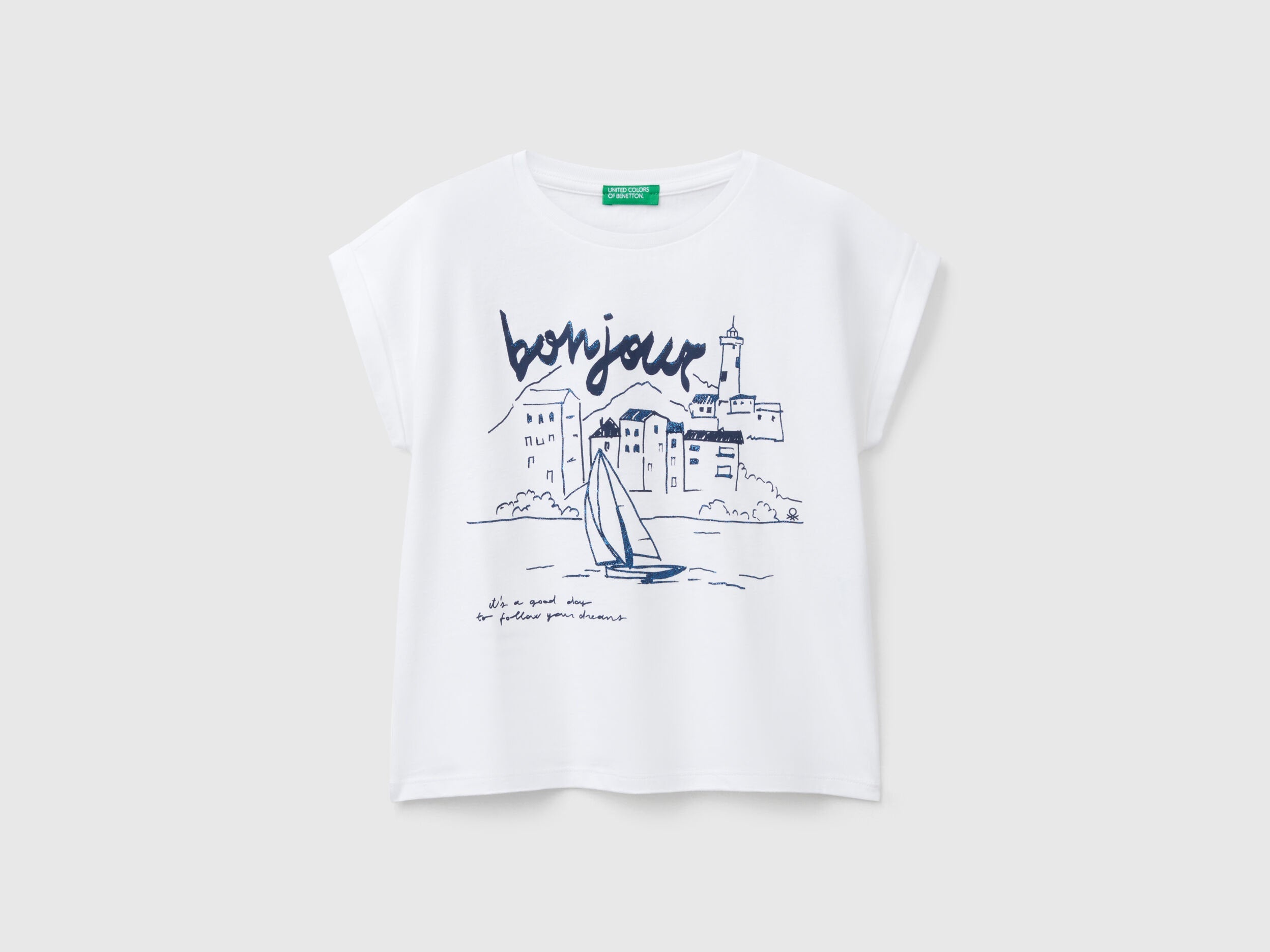 Benetton_Boxy Fit T-Shirt with Print and Glitter_3I1XC10NZ_101_01