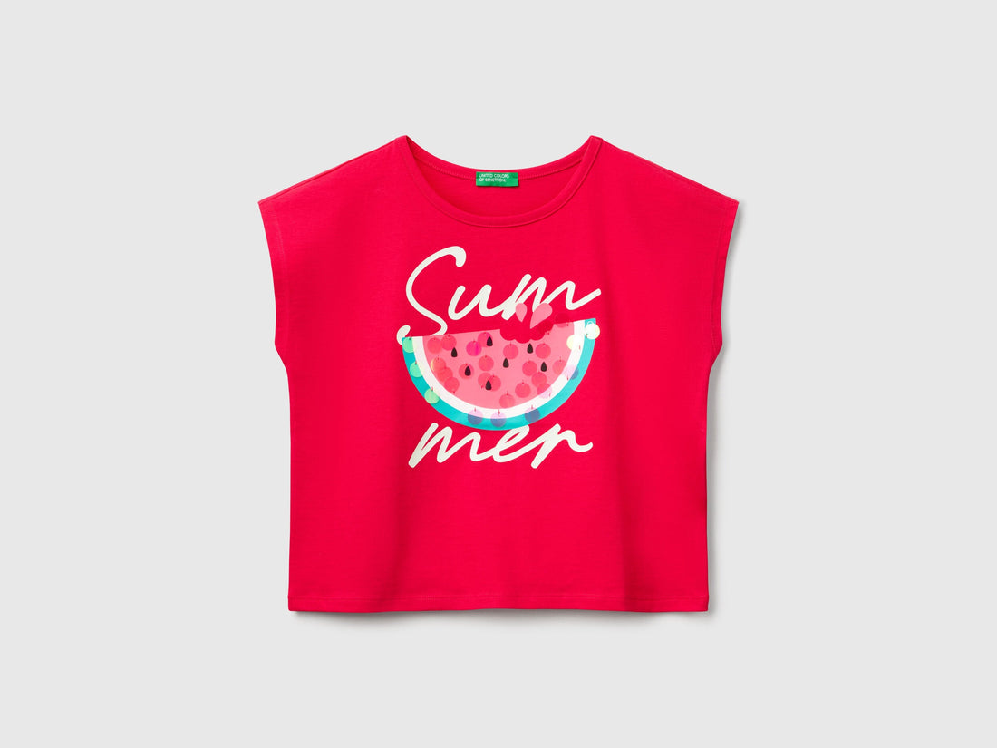 Benetton_T-Shirt with Print and Sequins_3I1XC10P0_02E_01