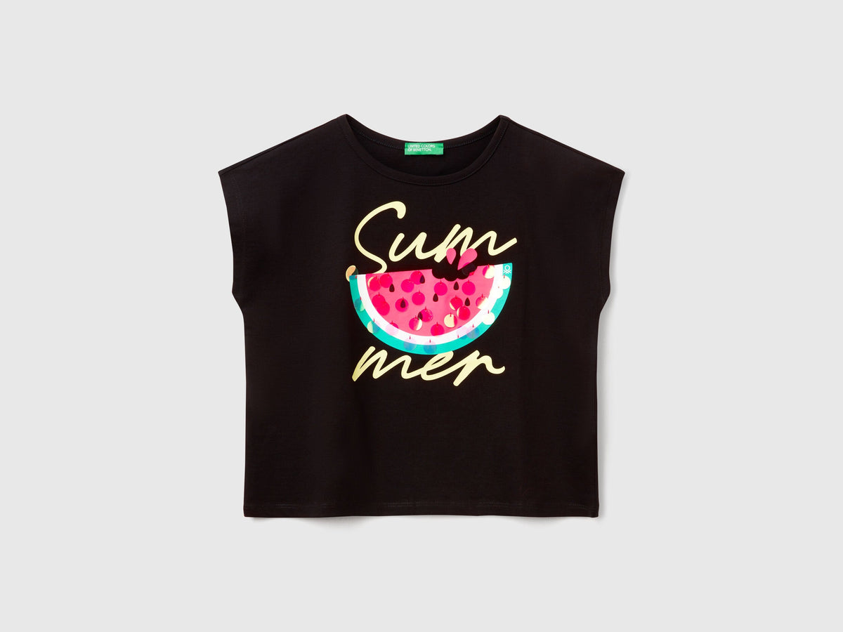 Benetton_T-Shirt with Print and Sequins_3I1XC10P0_100_01