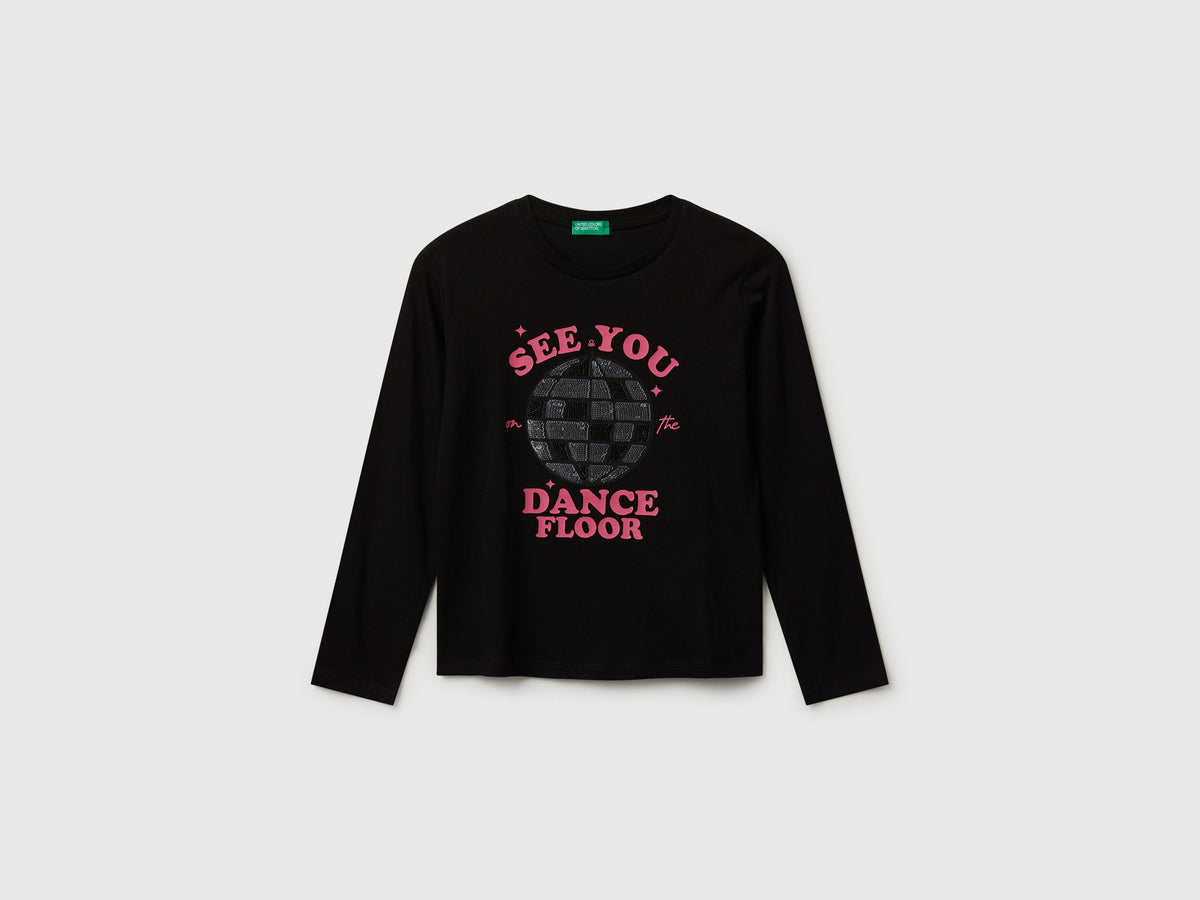 Benetton_Black_Cotton T-Shirt with Sequins_3I1XC10QJ_100_01