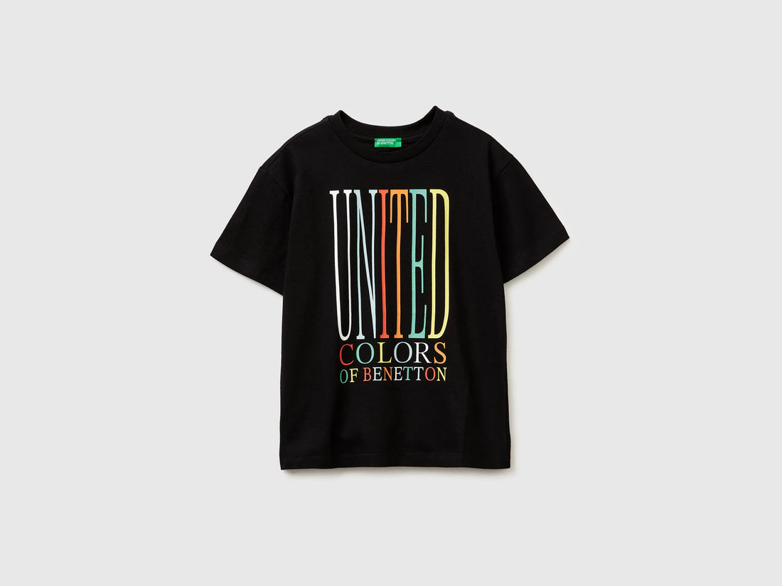 Benetton Black Boys T-Shirt with Logo SKU: 3I1XC10S4_100 Image 01