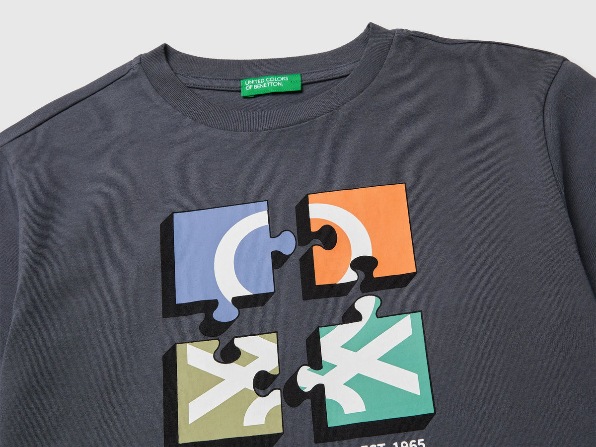 Benetton Dark Gray Boys T-Shirt with Logo SKU: 3I1XC10S4_10N Image 03