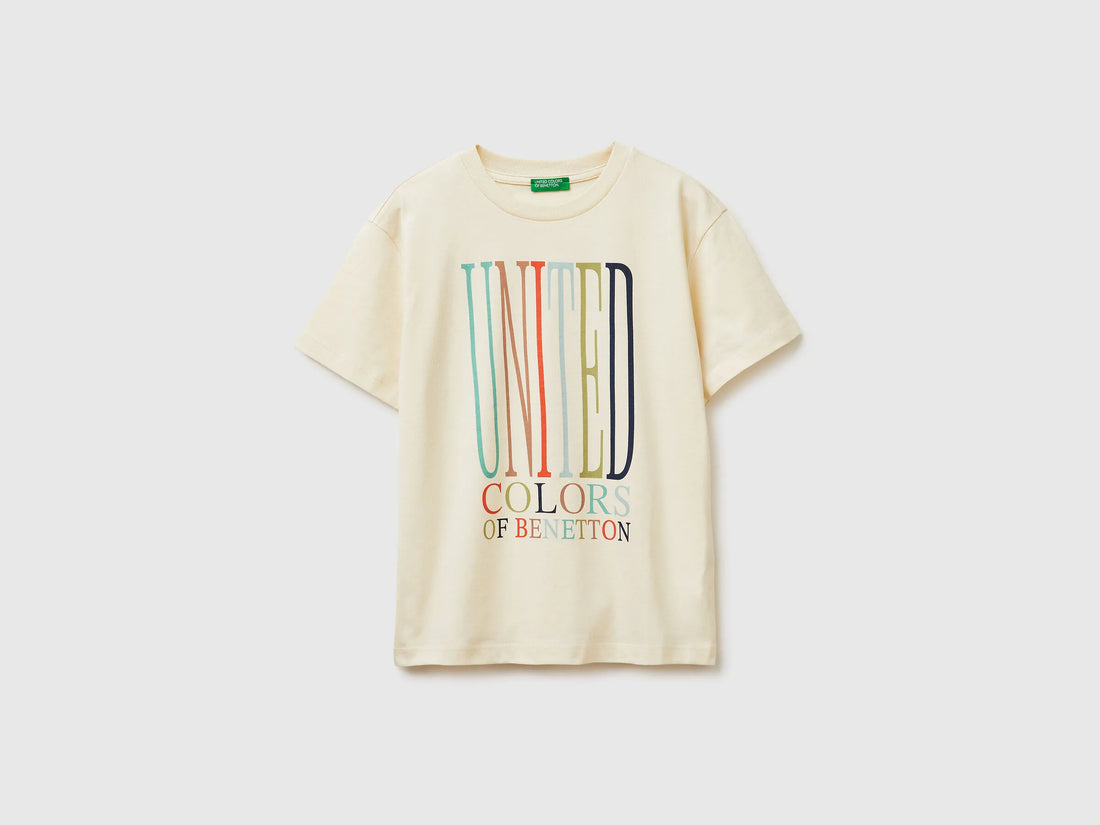 Benetton Creamy White Boys T-Shirt with Logo SKU: 3I1XC10S4_3C9 Image 01