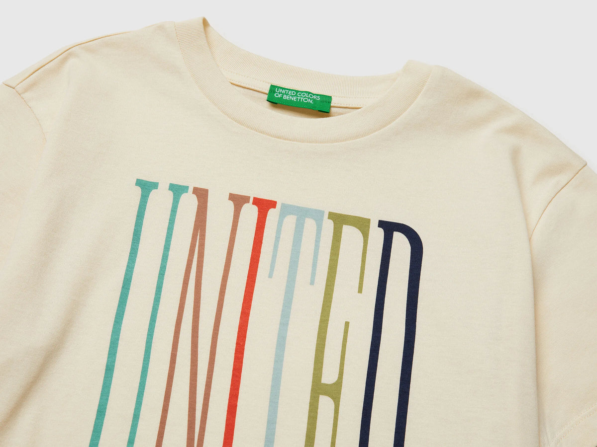 Benetton Creamy White Boys T-Shirt with Logo SKU: 3I1XC10S4_3C9 Image 03